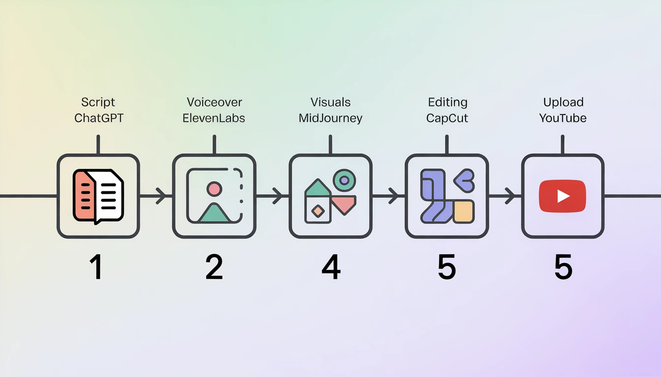 Diagram of AI video creation workflow including scriptwriting, voiceover, and video editing steps