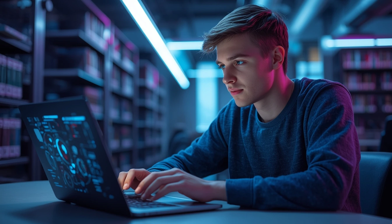 University student using AI interface for studying in modern library 2026