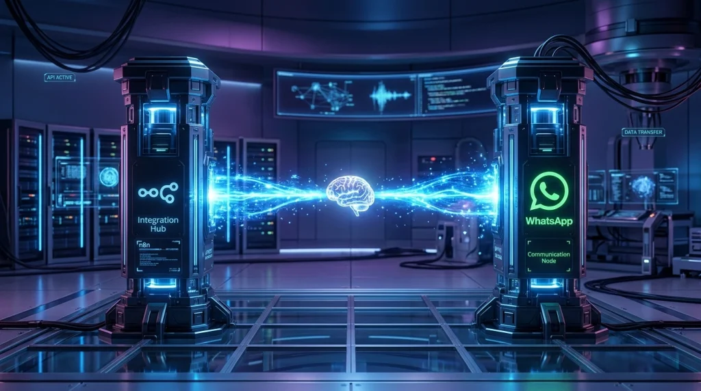 AI WhatsApp Bot n8n API connection diagram showing data transfer between n8n and WhatsApp Cloud API using artificial intelligence