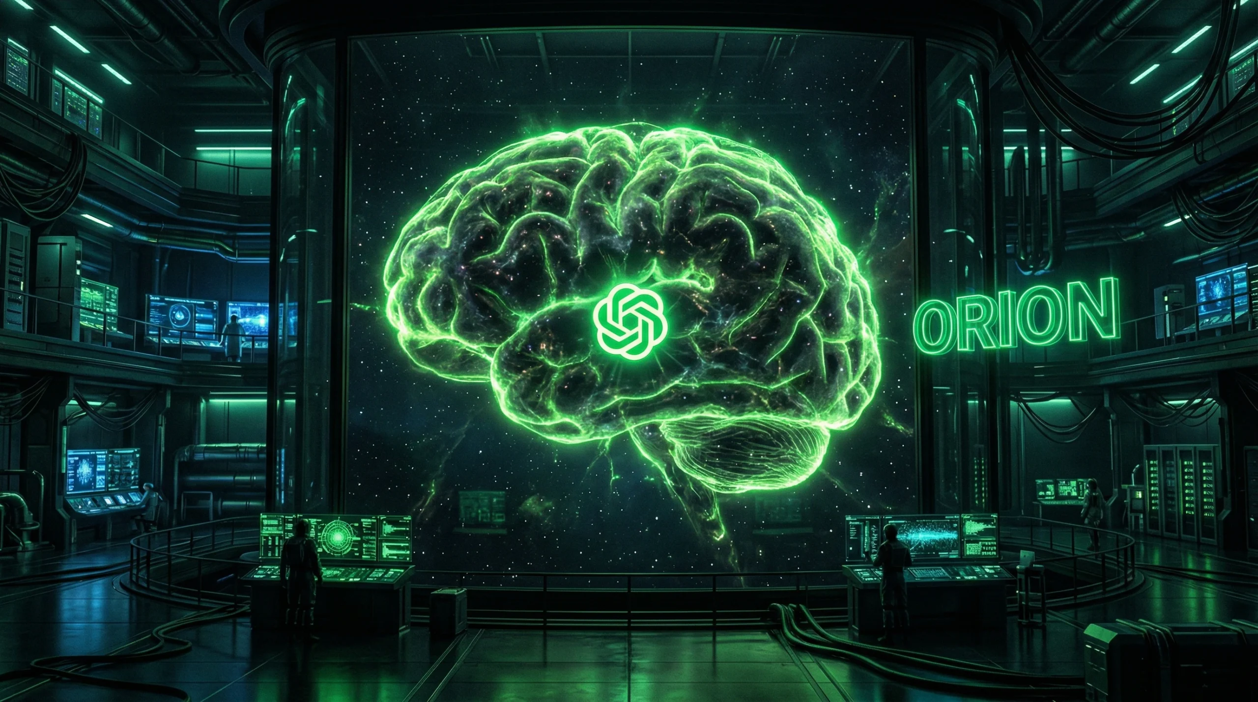 cinematic wide shot of the mysterious glowing Orion AI brain leaks on dark background