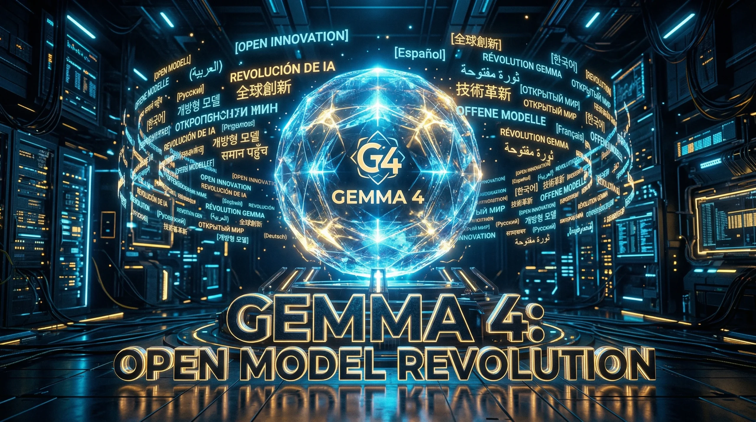 Visual representation of Google Gemma 4 open model featuring a glowing neural network and futuristic AI branding