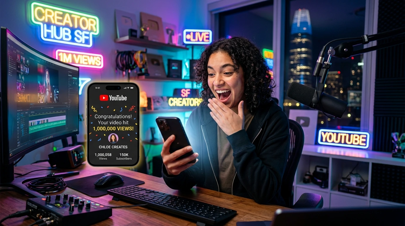 Creator achieving success with a viral YouTube Shorts strategy in a professional studio
