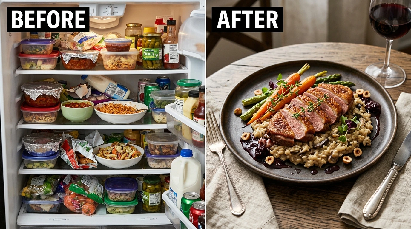 Comparison of random fridge leftovers turned into a gourmet meal using AI meal planning