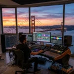 AI music generation studio in San Francisco with Golden Gate Bridge view and professional audio setup on Mac