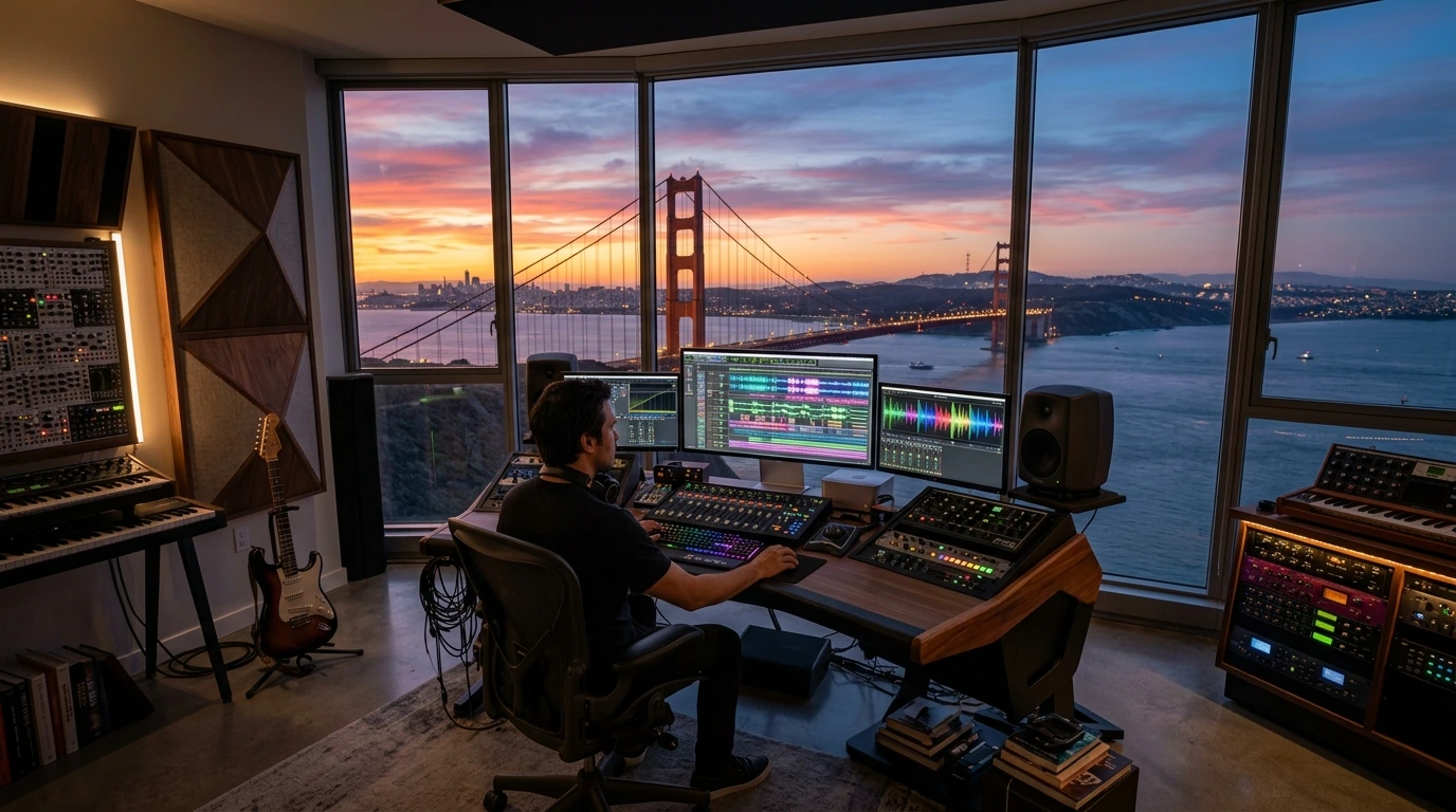 AI music generation studio in San Francisco with Golden Gate Bridge view and professional audio setup on Mac