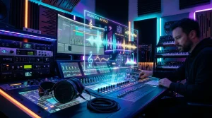 How to Create Full AI Songs Futuristic AI music production studio with holographic sound waves and digital mixing console.