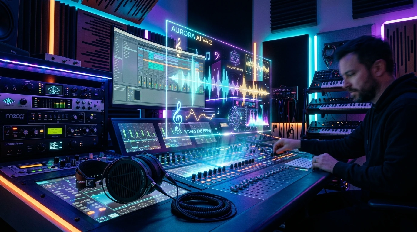 How to Create Full AI Songs Futuristic AI music production studio with holographic sound waves and digital mixing console.