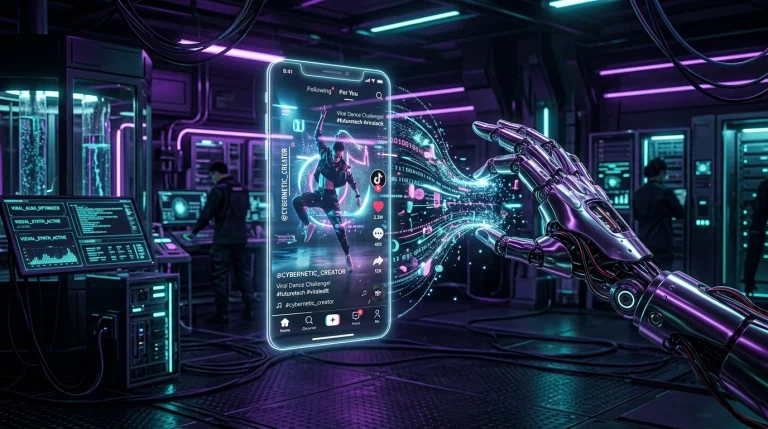 Conceptual art of a viral AI TikTok content strategy using data and holograms