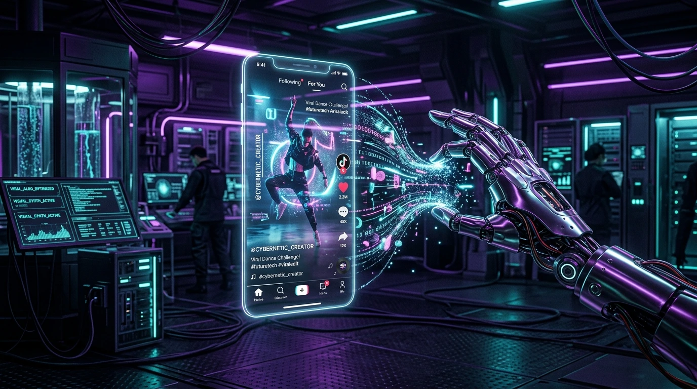 Conceptual art of a viral AI TikTok content strategy using data and holograms