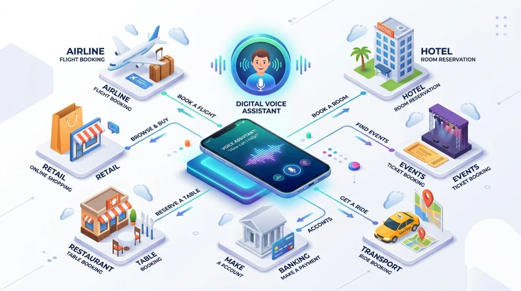 Infographic showing AI Voice Agents for Business integrating with hotels, restaurants, and CRM systems