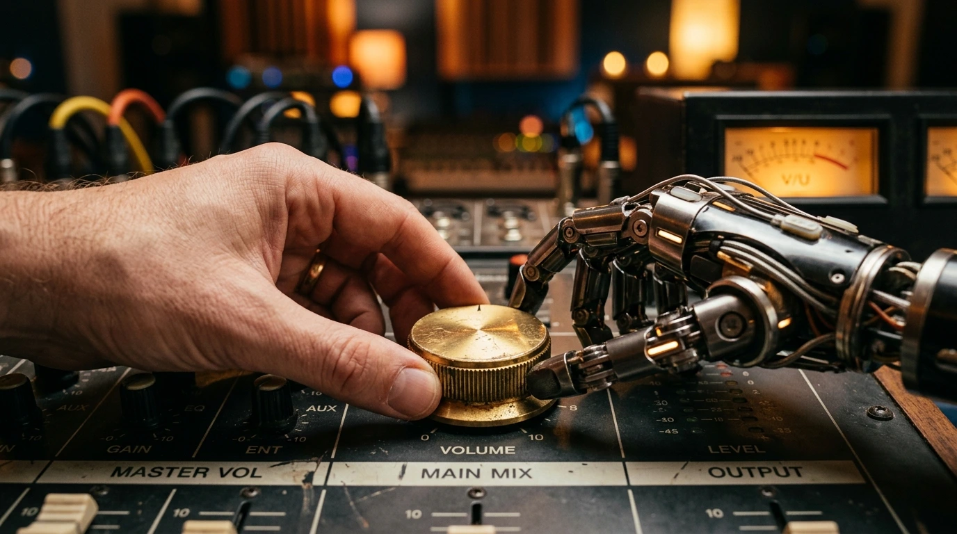 Human hand and robot hand together adjusting analog mixer knob symbolizing AI music generation