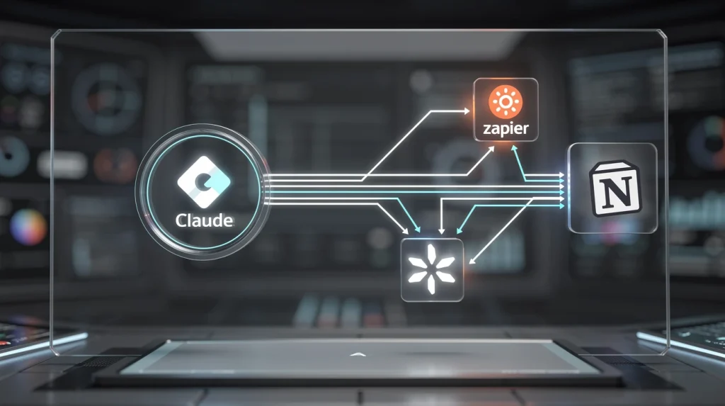 Automated AI Workflow diagram showing Claude, Zapier, and Notion connected