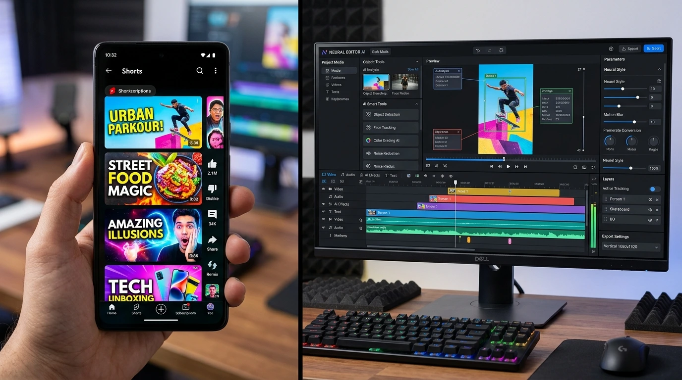Visual representation of a viral YouTube Shorts strategy using AI editing tools