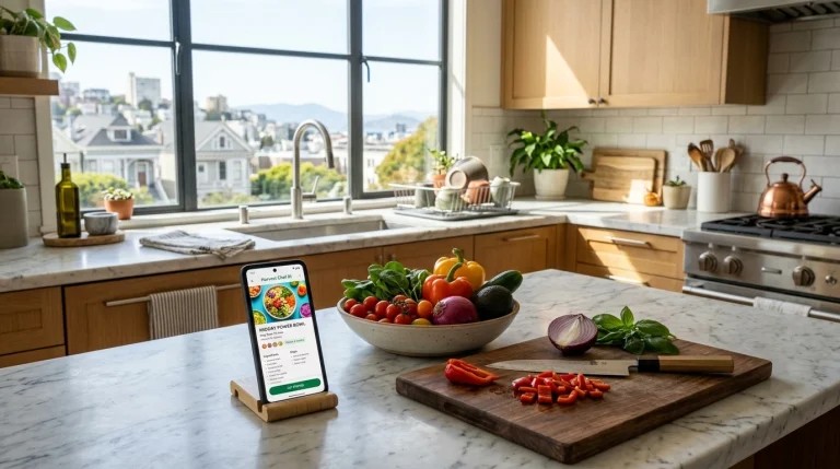 Smart kitchen in San Francisco showing AI meal planning on a smartphone with fresh ingredients