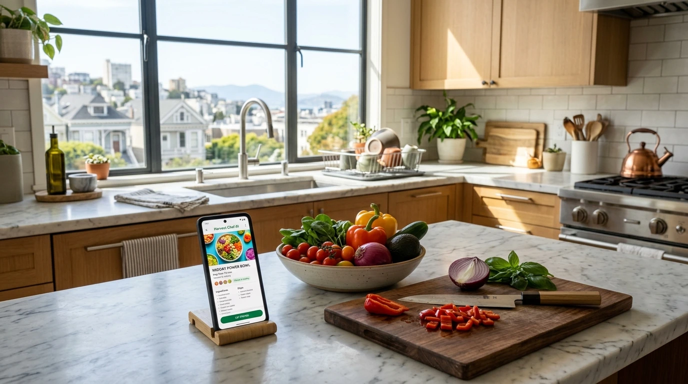 Smart kitchen in San Francisco showing AI meal planning on a smartphone with fresh ingredients