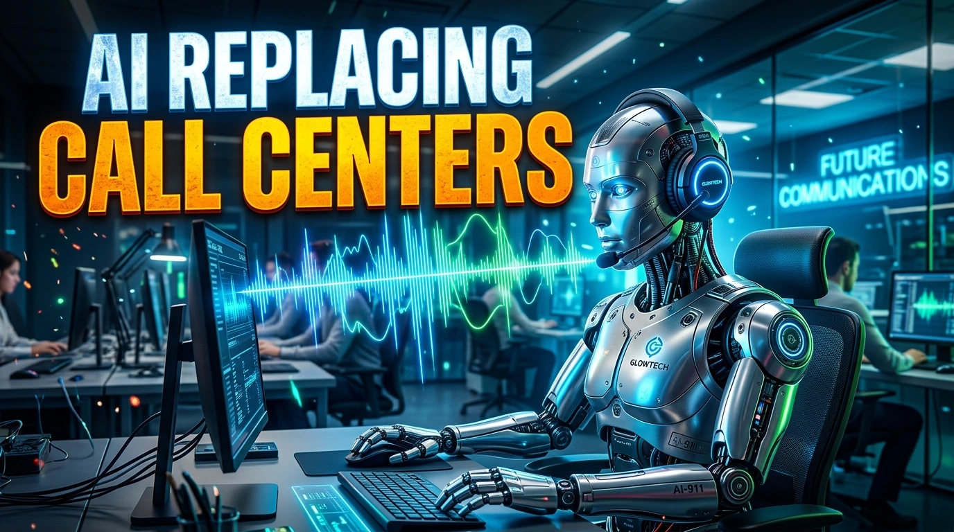 AI Voice Agent wearing a headset in a modern office representing automated call centers for business