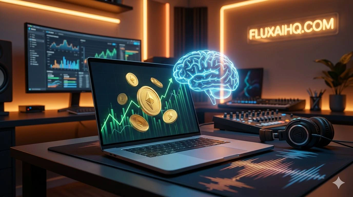 Professional digital entrepreneur workspace showing how to make money with AI in 2026, featuring a laptop with financial charts and futuristic AI brain interface.