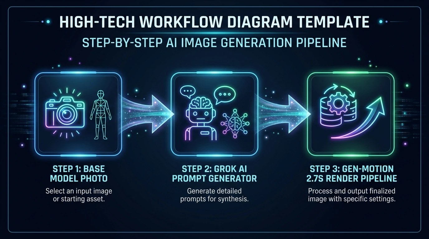 Step-by-step infographic pipeline diagram for Gen-Motion AI Model Workflow